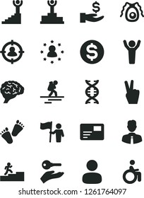 Solid Black Vector Icon Set - children's tracks vector, employee, pass card, man, in sight, dollar, get a wage, dna, brain, bactery, winner podium, carrer stairway, hands up, hold flag, arm with key