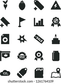 Solid Black Vector Icon Set - danger of electricity vector, add bookmark, label, pennant, negative histogram, birthday cake, tamarillo, radish, CO2, jar, vintage sign, season sale, sd card, medal