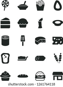 Solid Black Vector Icon Set - sausage vector, stick of, piece cheese, loaf, tin, fried vegetables on sticks, burger, cake, muffin, slice, a bowl buckwheat porridge, plate milk, lollipop, popsicle