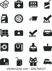 Solid Black Vector Icon Set - cargo trolley vector, first aid kit, bag of a paramedic, e, packing juice with straw, put in box, drawer, strongbox, handles, cardboard, package, pizza, popcorn, urgent