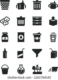 Solid Black Vector Icon Set - wicker pot vector, bin, storage unit, mug for feeding, measuring cup, bottle, e, packing of juice with a straw, bucket, dust, unpacking, popcorn, coffe to go, jar jam