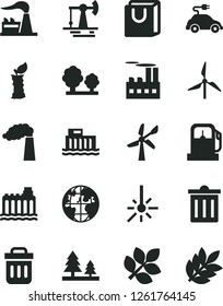 Solid Black Vector Icon Set - bin vector, bag with handles, apple stub, working oil derrick, gas station, windmill, wind energy, manufacture, factory, hydroelectric, hydroelectricity, trees, forest