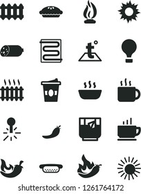 Solid Black Vector Icon Set - heating coil vector, temperature, new radiator, coffee, sausage, mini hot dog, pie, porridge, chili, cup of tea, coffe to go, a glass, red pepper, mercury thermometer