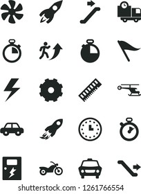 Solid Black Vector Icon Set - truck lorry vector, lightning, stopwatch, wind direction indicator, motor vehicle, dangers, timer, car, delivery, marine propeller, rocket, space, wall watch, memory