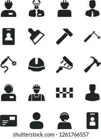 Solid Black Vector Icon Set - builder vector, workman, paint roller, ceramic tiles, construction helmet, putty knife, hammer, with claw, employee, pass card, operator, welding, gas, woman, man