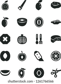 Solid Black Vector Icon Set - mark of injury vector, iron fork spoons, arm saw, knife, cheese, slices onion, piece meat, half pomegranate, plum, mango, peach, melon, cherry, lemon, juicy, kiwi