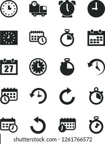 Solid Black Vector Icon Set - daily calendar vector, stopwatch, clock face, clockwise, counterclockwise, wall, alarm, timer, delivery, watch, black, agenda, schedule, history
