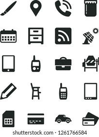 Solid Black Vector Icon Set - tassel vector, bank card, rss feed, toy mobile phone, a chair for feeding child, concrete mixer, nightstand, jam, big solar panel, retro car, SIM, location, portfolio