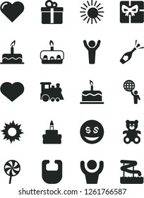 Solid Black Vector Icon Set - heart symbol vector, bib, teddy bear, children's train, cake, gift, torte, birthday, lollipop, giftbox, man hold world, hands up, dollar eyes, champagne, sun, aquapark