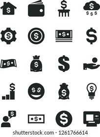 Solid Black Vector Icon Set - dollar vector, denomination of the, catch a coin, wallet, dollars, cash, money rain, mortgage, pedestal, bag, column, gear, idea, eyes, dialog, atm