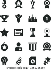 Solid Black Vector Icon Set - star vector, pedestal, medal, patente, winner, laurel branch, prize, cup, gold, man with, pennant, first place, ribbon, certificate, flag, three stars