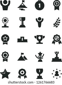 Solid Black Vector Icon Set - star vector, medal, winner, laurel branch, pedestal, podium, prize, award, cup, gold, motivation, mountain flag, first place, with pennant, hands up man, stars around