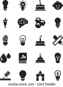 Solid Black Vector Icon Set - matte light bulb vector, children's hairdo, box of bricks, cake, birthday, saving, writing accessories, drawing, honeycombs, drop, book on statistics, brain, idea