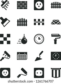 Solid Black Vector Icon Set - paint roller vector, brickwork, big core, building trowel, new, power socket type b, f, tile, ceramic tiles, putty knife, spatula, fence, hedge, pavement, wall calendar