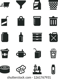 Solid Black Vector Icon Set - wicker pot vector, bin, storage unit, mug for feeding, measuring bottle, e, packing of juice with a straw, package, canned goods, popcorn, cup, coffe to go, jam, jar