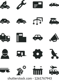 Solid Black Vector Icon Set - truck lorry vector, horn, toys over the cot, summer stroller, motor vehicle, pass card, delivery, big solar panel, modern gas station, battery, racer, eco car, retro