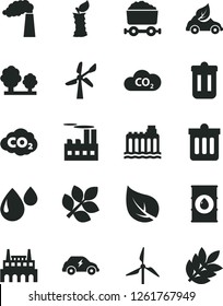 Solid Black Vector Icon Set - dust bin vector, apple stub, leaf, windmill, wind energy, manufacture, oil, hydroelectricity, trees, industrial building, factory, drop, eco car, electric transport