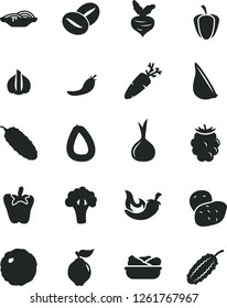 Solid Black Vector Icon Set - stick of sausage vector, slices onion, lettuce in a plate, cabbage, cucumber, chili, peper, garlic, carrot, coffee beans, quince, blackberry, ripe pepper, red, potato