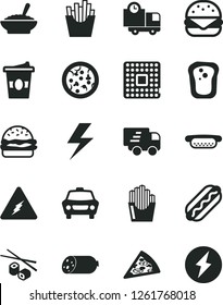Solid Black Vector Icon Set - lightning vector, car, delivery, sausage, pizza, piece of, Hot Dog, mini, big burger, a bowl buckwheat porridge, French fries, fried potato slices, Chinese chopsticks