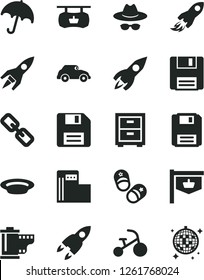 Solid Black Vector Icon Set - floppy disk vector, spectacles, hat with glasses, camera roll, bedside table, tricycle, child shoes, umbrella, plate, modern gas station, retro car, vintage sign, space