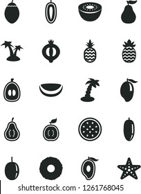 Solid Black Vector Icon Set - a pineapple vector, half of medlar, mango, date fruit, loquat, passion, sweet, kiwi, tamarillo, guawa, piece coconut, slice, ripe guava, part, palm tree, starfish