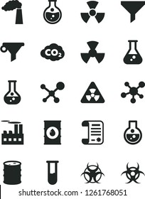 Solid Black Vector Icon Set - round flask vector, manufacture, oil, barrel, industrial building, radiation, carbon dyoxide, filter, water, research article, test tube, molecule, nuclear, biohazard