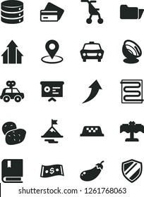 Solid Black Vector Icon Set - sitting stroller vector, motor vehicle present, e, heating coil, car, big data, potato, eggplant, geolocation, dollar, financial report, folder, satellite antenna, taxi