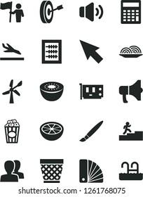 Solid Black Vector Icon Set - tassel vector, wicker pot, women, calculator, new abacus, color samples, volume, megaphone, onion, cup of popcorn, kiwi, half grapefruit, wind energy, pc card, cursor