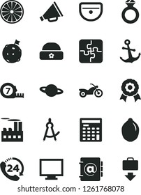 Solid Black Vector Icon Set - monitor vector, horn, Puzzles, warm hat, long meashuring tape, sink, anchor, address book, 24, planet, lime, half of orange, industrial building, engineer calculator