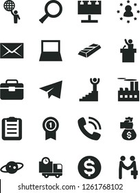 Solid Black Vector Icon Set - envelope vector, paper airplane, portfolio, delivery, industrial building, billboard with illumination, dollar, phone call, notebook pc, zoom, clipboard, saturn