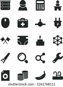 Solid Black Vector Icon Set - repair key vector, first aid kit, calculator, chest of drawers, nappy, hand saw, magnifier, coins, birthday cake, banana, plug, racer, connections, mouse, connect, pool
