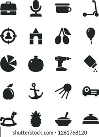 Solid Black Vector Icon Set - baby powder vector, children's potty, rocking horse, box of bricks, balloon, child Kick scooter, drill, anchor, artificial satellite, a bowl buckwheat porridge, cornels