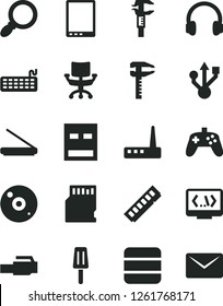 Solid Black Vector Icon Set - popsicle vector, calipers, caliper, tablet pc, keyboard, memory, usb, router, cd, scanner, headphones, coding, lan connector, magnifier, joystick, chair, sd card, mail