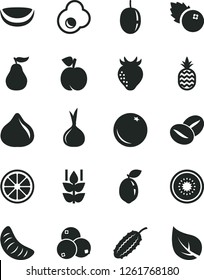 Solid Black Vector Icon Set - coffee beans vector, fried egg, blueberries, a pineapple, orange, mint, peach, strawberry, fig, slice of tangerine, passion fruit, juicy lemon, half kiwi, sour lime