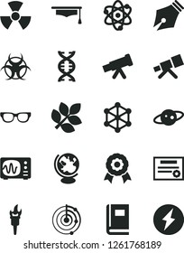Solid Black Vector Icon Set - telescope vector, atom, glasses, nuclear, dna, book, biohazard, globe, oscilloscope, graduate hat, radar, medal, saturn, biology, patente, 3d cube, ink pen, flame torch