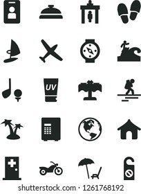 Solid Black Vector Icon Set - earth vector, plane, motorcycle, backpacker, security gate, boungalow, arnchair under umbrella, uv cream, palm tree, medical room, restaurant, surfing, access card