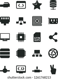 Solid Black Vector Icon Set - star vector, screen, big data server, processor, SIM, connection, scheme, hierarchical, cpu, pc card, network, connect, coding, lan connector, victory hand