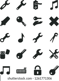 Solid Black Vector Icon Set - repair key vector, cross, small tools, adjustable wrench, door knob, lock, music, steel, text highlighter, keyboard, usb flash, note, arm with