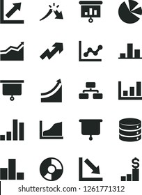 Solid Black Vector Icon Set - growth up vector, bar chart, graph, negative, big data, flowchart, a crisis, ring diagram, pie charts, presentation, board, arrow, dollar pedestal