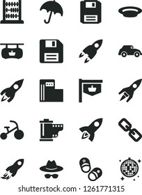 Solid Black Vector Icon Set - floppy disk vector, spectacles, hat with glasses, camera roll, tricycle, child shoes, abacus, umbrella, plate, modern gas station, retro car, vintage sign, rocket