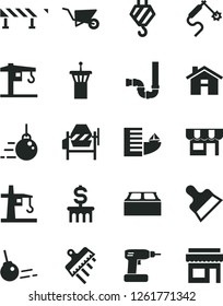 Solid Black Vector Icon Set - house vector, crane, hook, big core, building trolley, concrete mixer, cordless drill, siphon, block, putty knife, spatula, road fence, kiosk, tower, gas welding, hotel