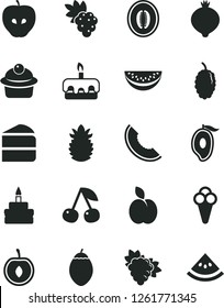 Solid Black Vector Icon Set - muffin vector, piece of cake, torte, birthday, cone, apple, cherry, grape, branch, tasty, medlar, mulberry, slice melon, half mango, water, tamarillo, ripe pineapple