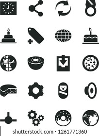 Solid Black Vector Icon Set - renewal vector, loudspeaker, add label, download archive data, roly poly doll, birthday cake, cogwheel, cheese, pizza, glazed with a hole, kiwi, connection, gears
