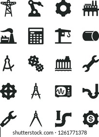 Solid Black Vector Icon Set - crane vector, cogwheel, sewerage, water pipes, factory, hydroelectricity, power pole, industrial enterprise, gear, gears, pipe, robot welder, Measuring compasses