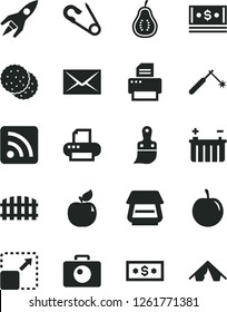 Solid Black Vector Icon Set - envelope vector, rss feed, open pin, plastic brush, fence, camera, expand picture, biscuit, apricot, tasty plum, part of guava, battery, welding, cash, printer, scanner