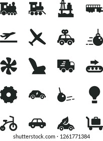 Solid Black Vector Icon Set - truck lorry vector, car child seat, motor vehicle, present, baby toy train, bicycle, big core, sea port, marine propeller, production conveyor, eco, electric transport