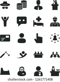 Solid Black Vector Icon Set - hat with glasses vector, potty chair, builder, employee, index finger, pass card, coins, welding, court hearing, man, think, conversation, scientist, hands up, medal