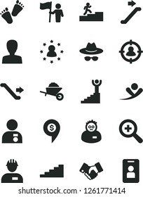 Solid Black Vector Icon Set - zoom vector, woman, hat with glasses, children's tracks, workman, garden trolley, man in sight, handclasp, scientist, carrer stairway, winner, medal, hold flag, flying