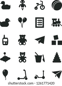 Solid Black Vector Icon Set - paper airplane vector, new abacus, rubber duck, baby duckling, bath ball, stacking toy, mobile phone, children's sand set, teddy bear, small, train, yule, balloon