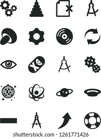 Solid Black Vector Icon Set - renewal vector, minus, stacking toy, tumbler, cogwheel, eye, CD, delete page, porcini, plate, gears, scribed compasses, Measuring, atom, drawing compass, saturn